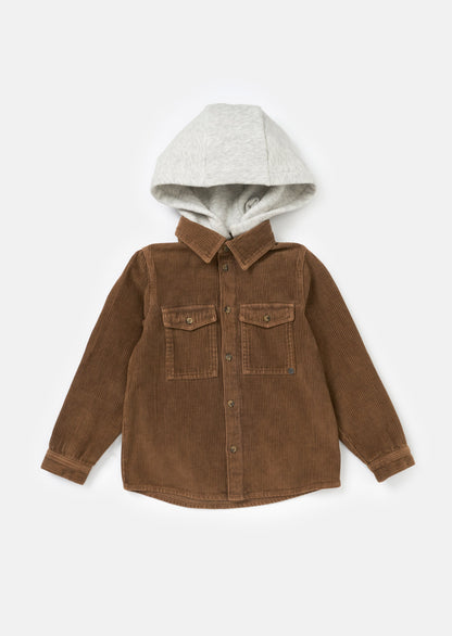 Stylish Fox Caramel Cord Shirt with Jersey Hood for Kids