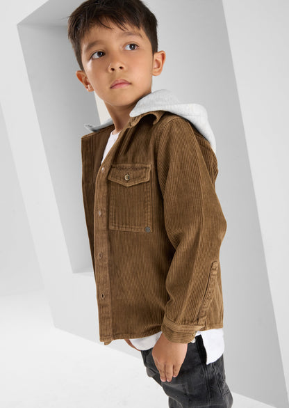 Stylish Fox Caramel Cord Shirt with Jersey Hood for Kids