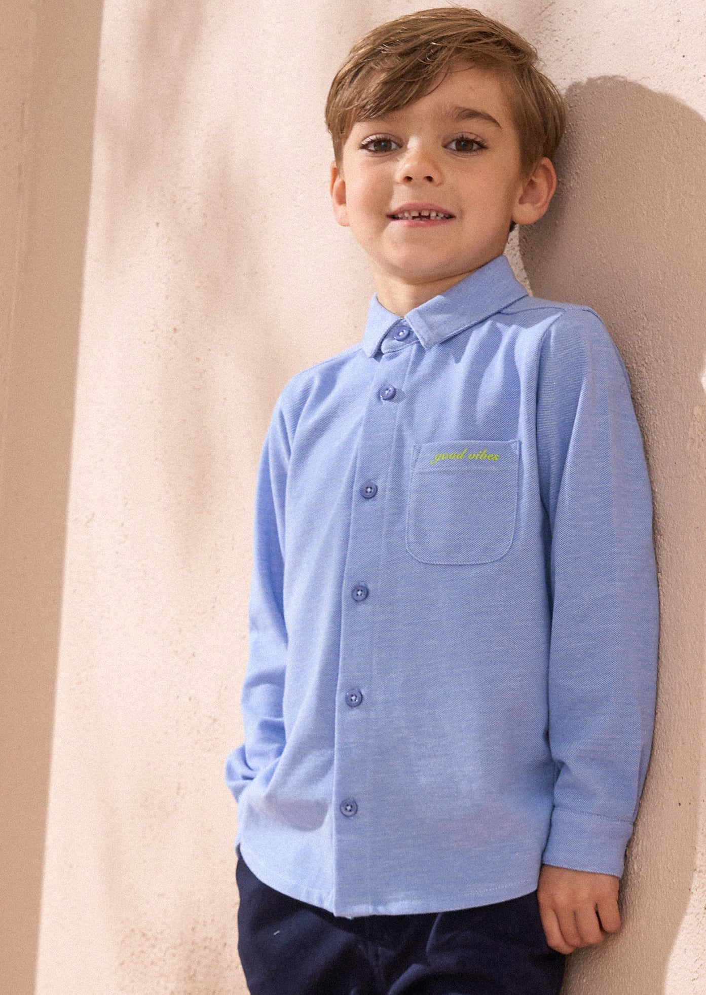 Classic Blue Pique Textured Shirt for Kids - Durable Cotton Wear