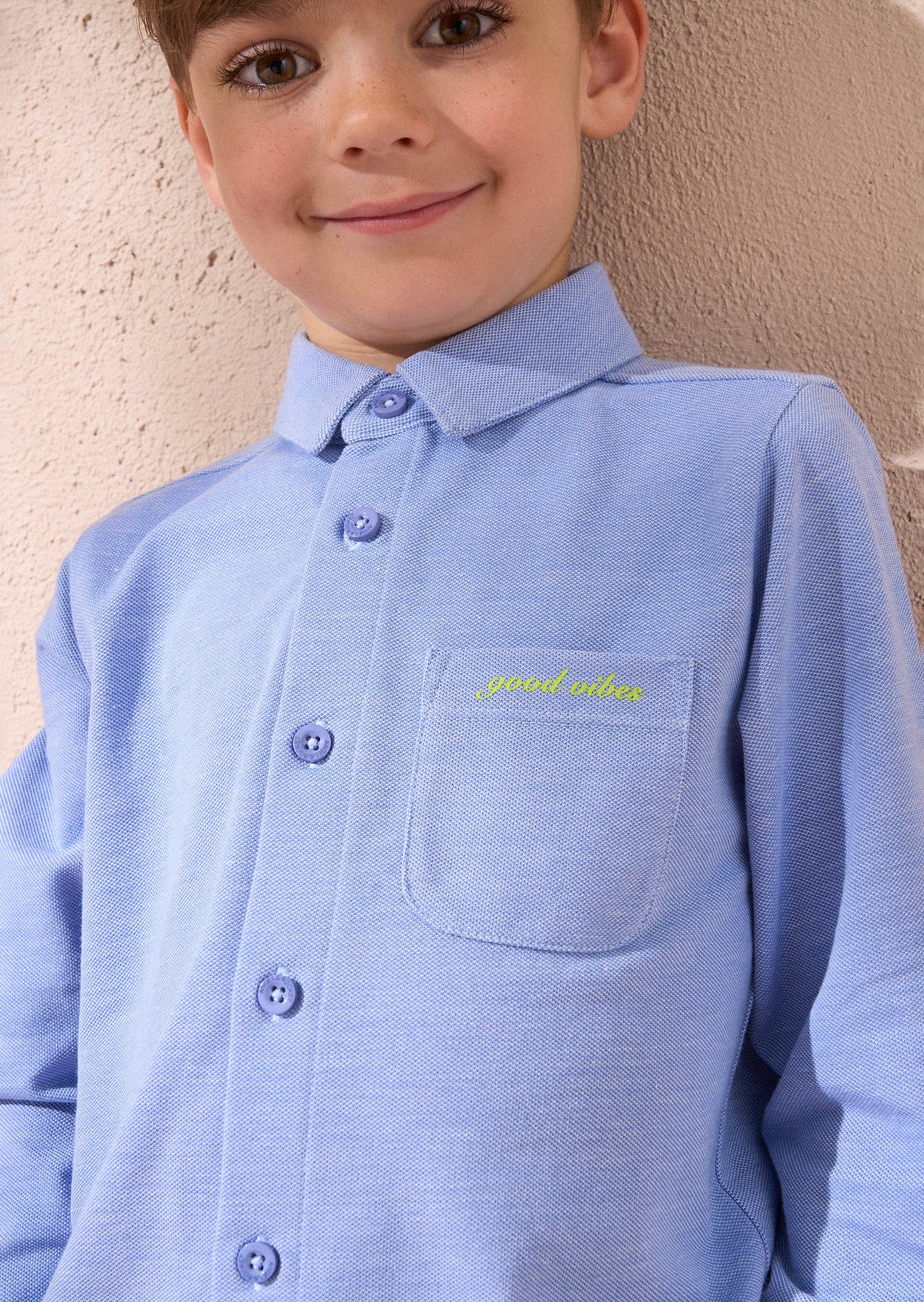 Classic Blue Pique Textured Shirt for Kids - Durable Cotton Wear