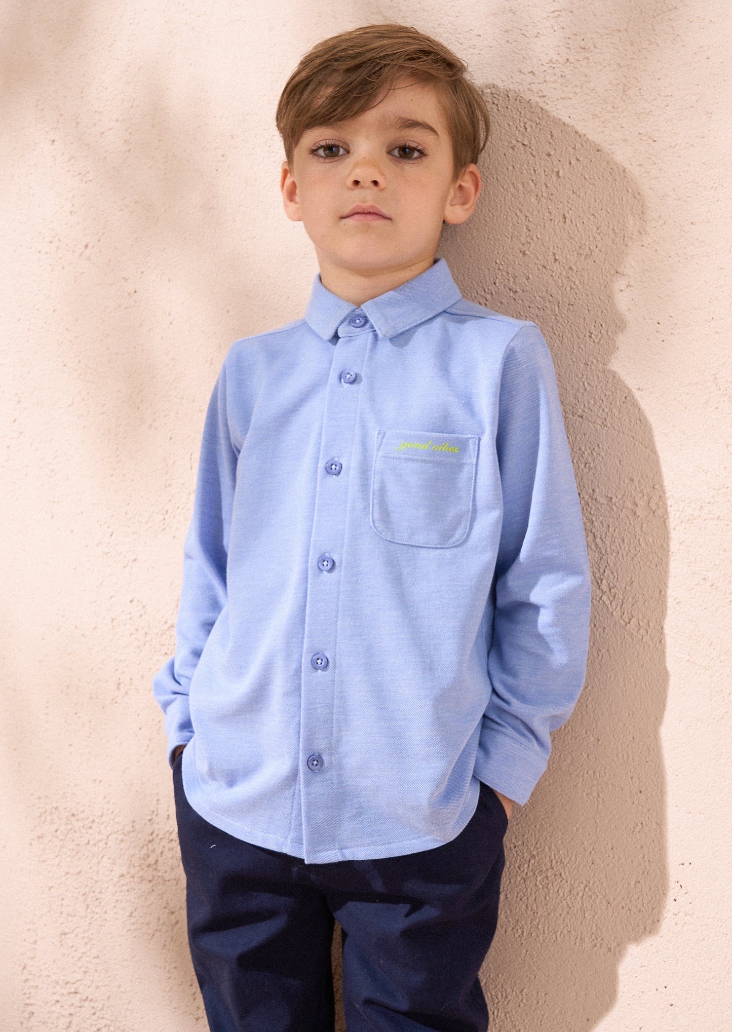 Classic Blue Pique Textured Shirt for Kids - Durable Cotton Wear