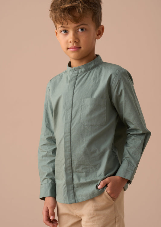 Green Mandarin Collar Smart Shirt