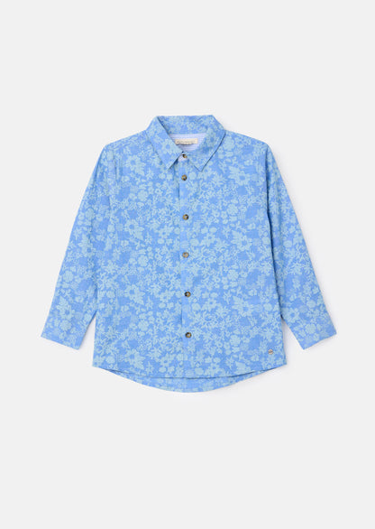 Blue Floral Printed Chambray Shirt