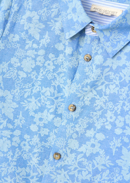 Blue Floral Printed Chambray Shirt