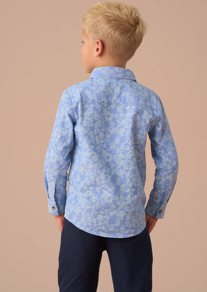 Blue Floral Printed Chambray Shirt