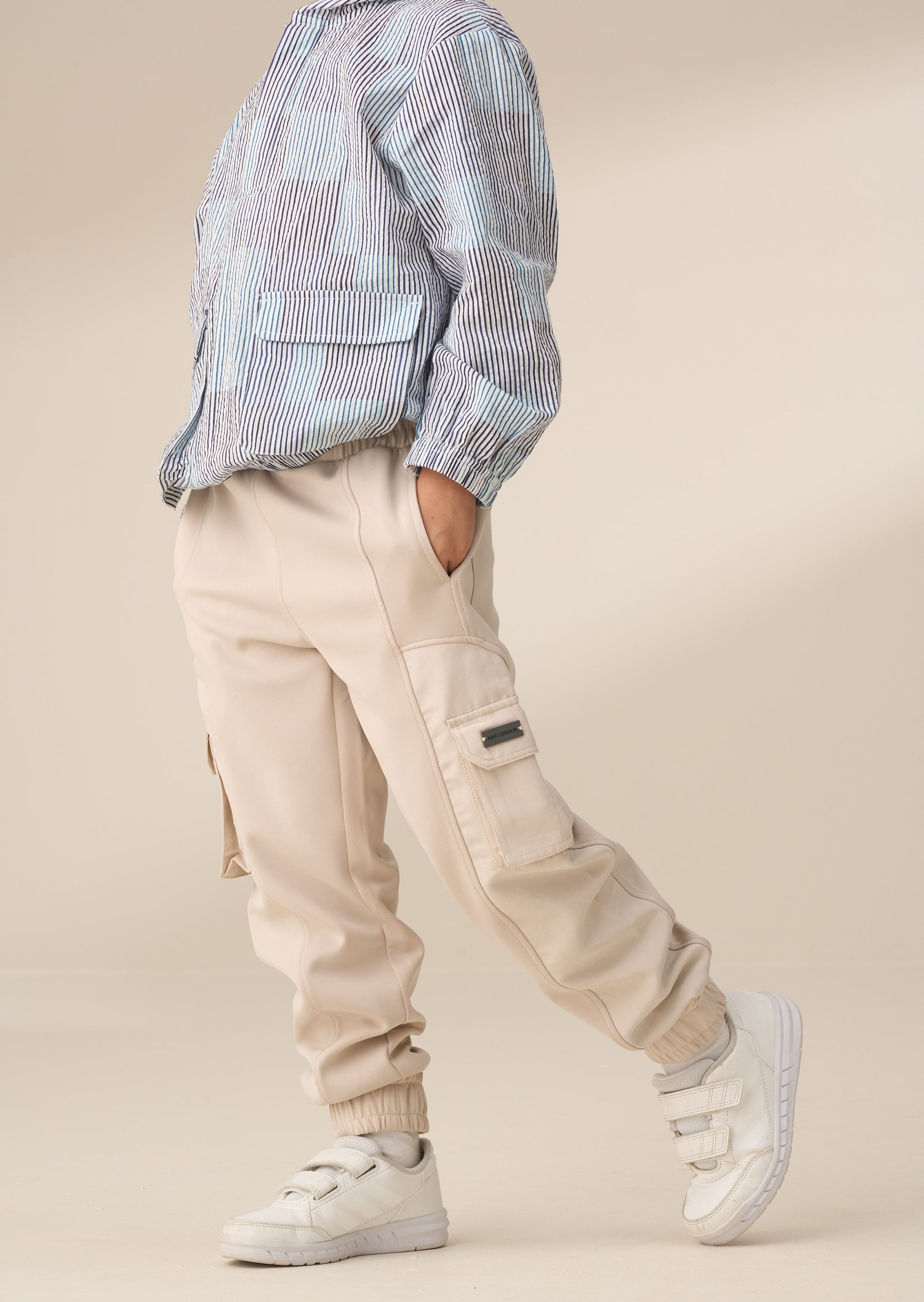 Cream Panelled Mix Fabric Kids Joggers