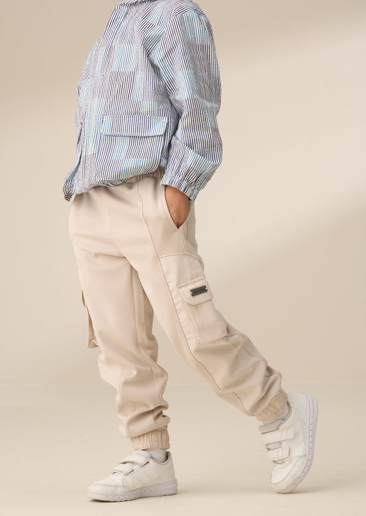 Cream Panelled Mix Fabric Kids Joggers