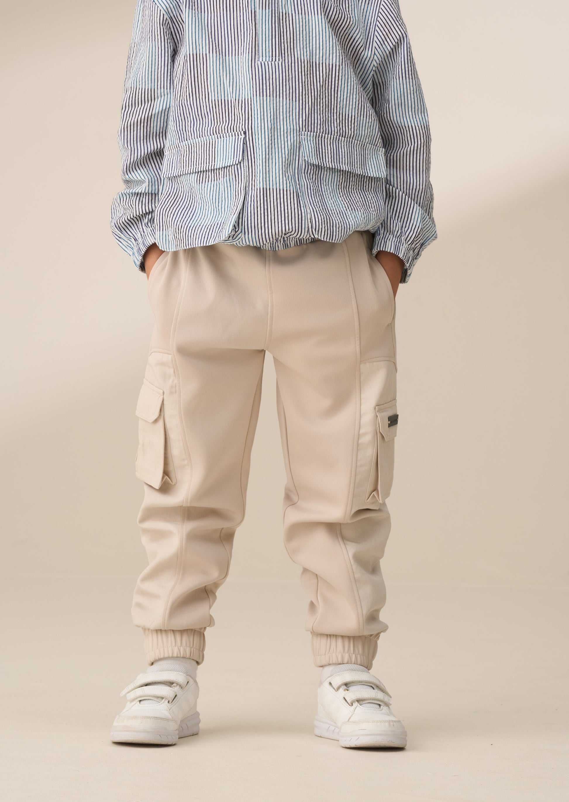 Cream Panelled Mix Fabric Kids Joggers