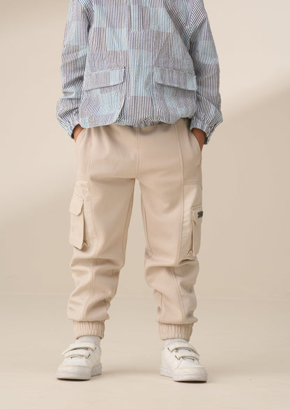 Cream Panelled Mix Fabric Kids Joggers