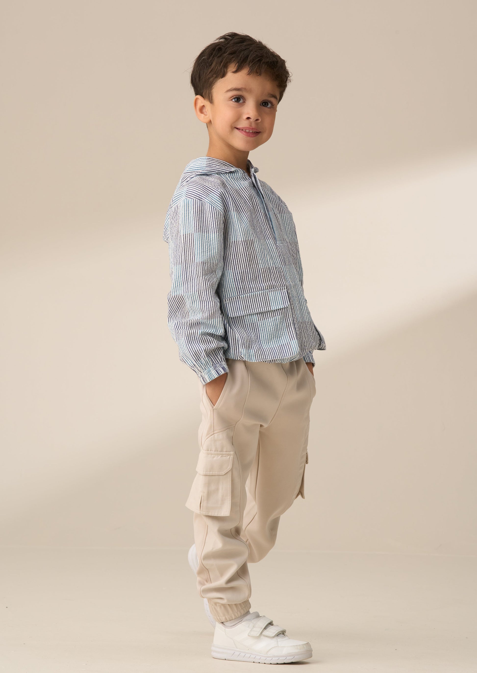 Cream Panelled Mix Fabric Kids Joggers