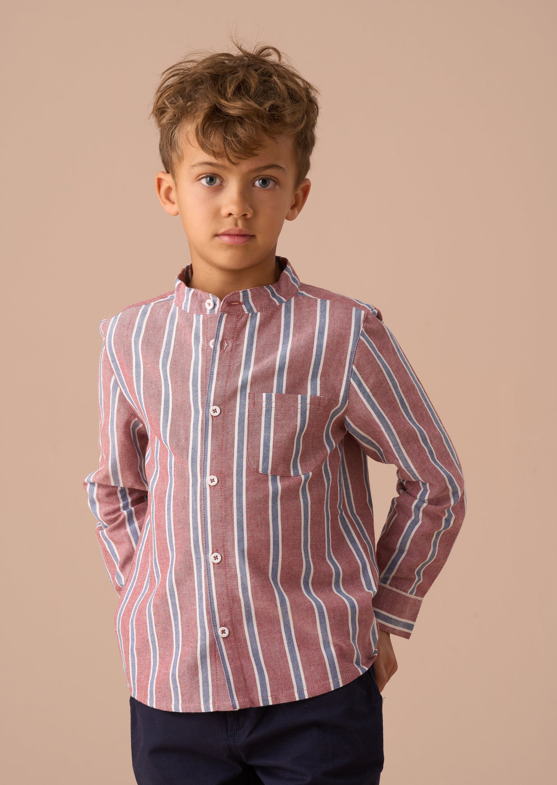 Maroon Mandarin Stripe Kids Shirt