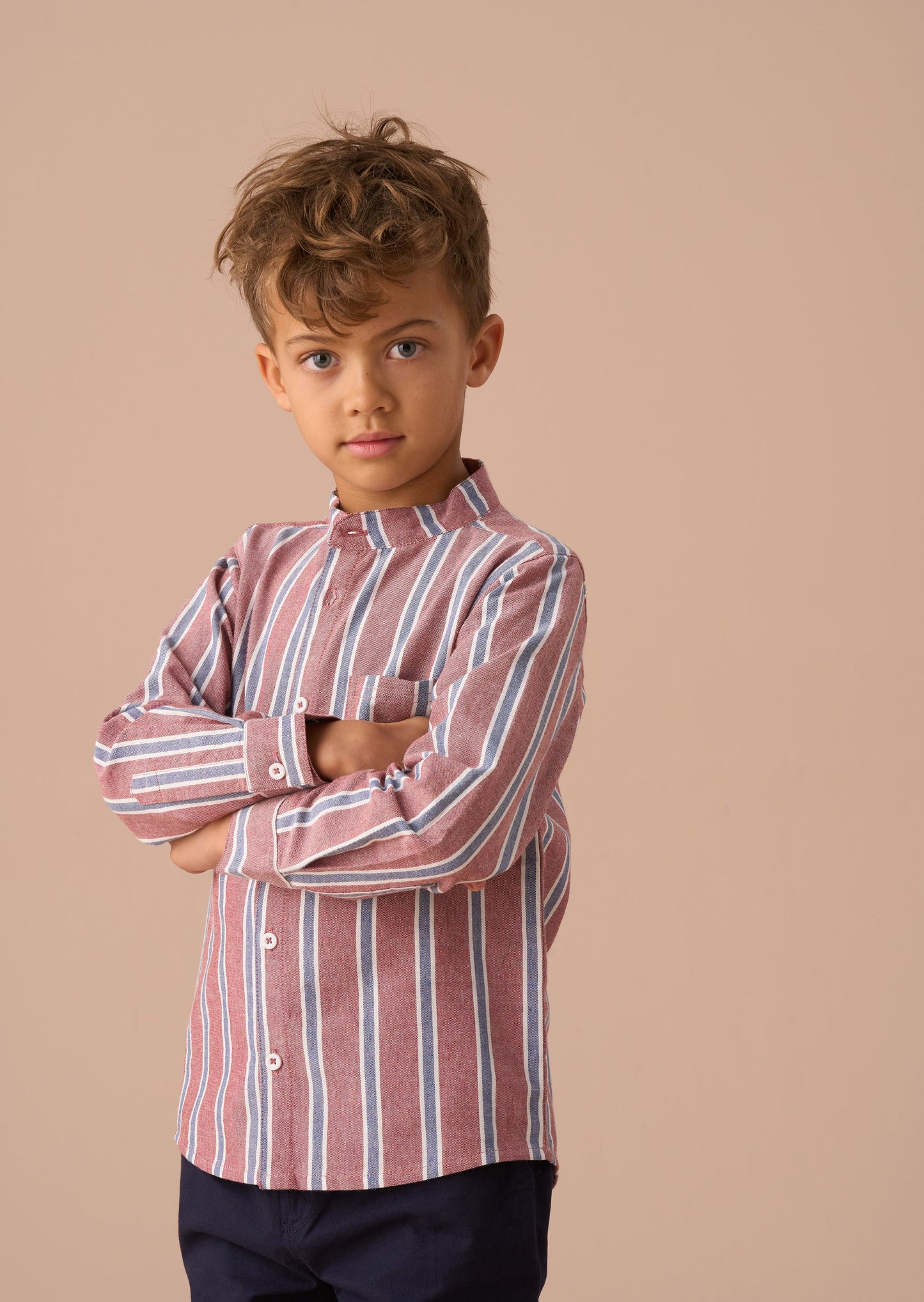 Maroon Mandarin Stripe Kids Shirt