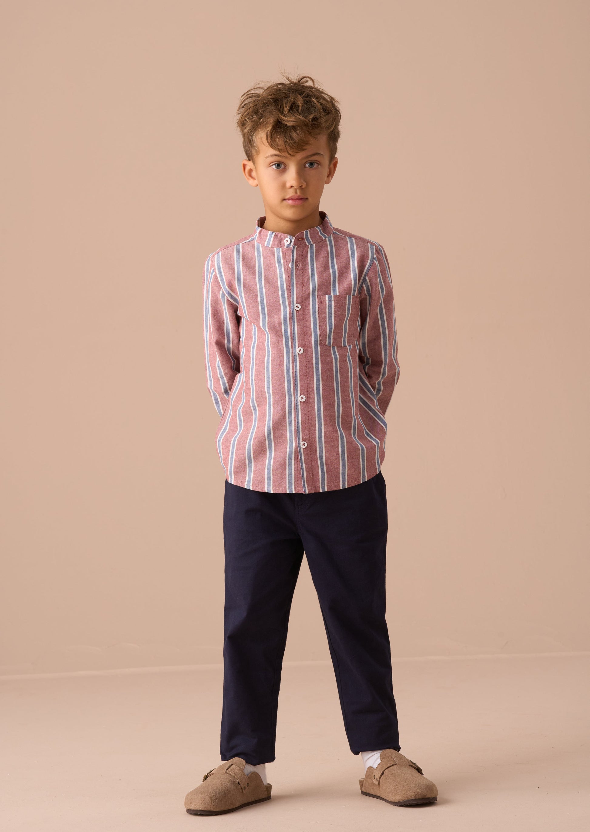 Maroon Mandarin Stripe Kids Shirt