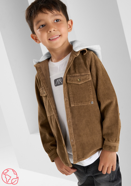 Stylish Fox Caramel Cord Shirt with Jersey Hood for Kids